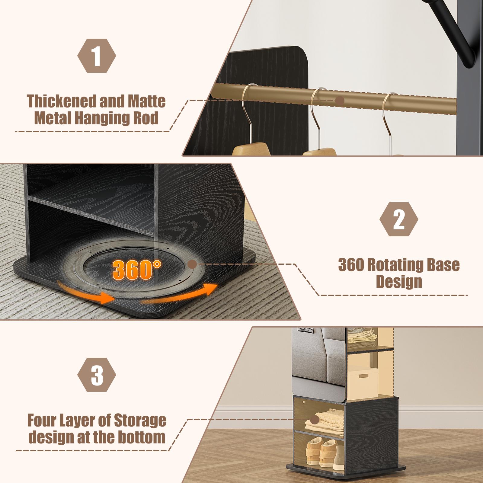 Flycity Solid wood material large mirror with a closet, full-size mirror, full-length mirror with storage rack at the bedside or in the living room (black and white styles can be rotated) Organization Furniture