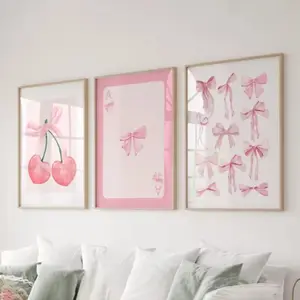 Three-Piece Frameless Fashion Bow Poster Wall Art Set, Academy Style Posters, Dorm Room Decor, Watercolor Bow Print Bedroom Walls, Art Wall Decoration, Unframed Wall Art