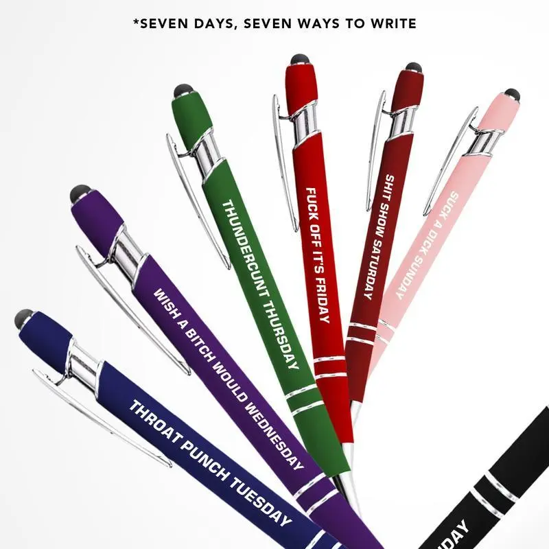 A 7-piece fun pen set with tips compatible with touchscreens and tablets. These black-ink pens feature a 1.0 mm tip and are suitable for both work and study, making them an ideal gift., 1.0Mm Pens, 7-Pieces