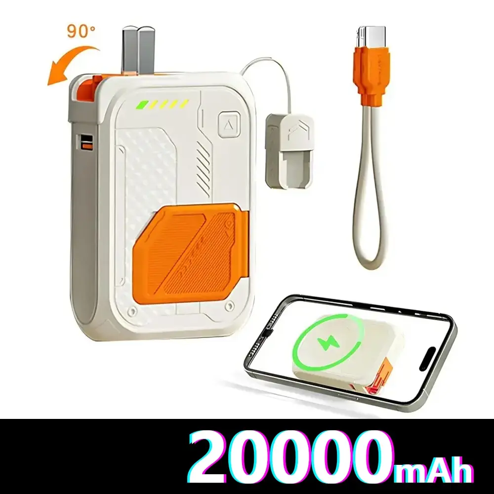 Black 20000mAh Compact Foldable Plug Magnetic Power Bank - 22.5W Fast Charging Portable Charger with Built-in Cable, Party Gift for Travel Enthusiasts, Compatible with Smartphone & Mobile Devices