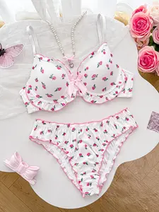 French Gathered Lift Cream Sweet Cute Ditsy Floral Elegance Feminine Lingerie Single Piece, Underwire Bra with Buckle Closure, Slim Fit Max Support Womenswear