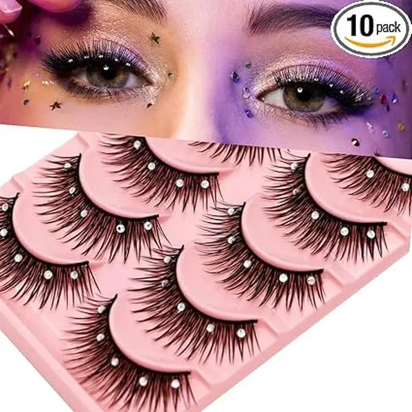 5 Pairs Bling Glitter Lashes 3D Natural Cosplay Eyelash with Rhinestones, 13mm Dramatic Manga Lashes with Diamonds, Stage Makeup Lashes for Decorative Christmas Halloween New Year Party