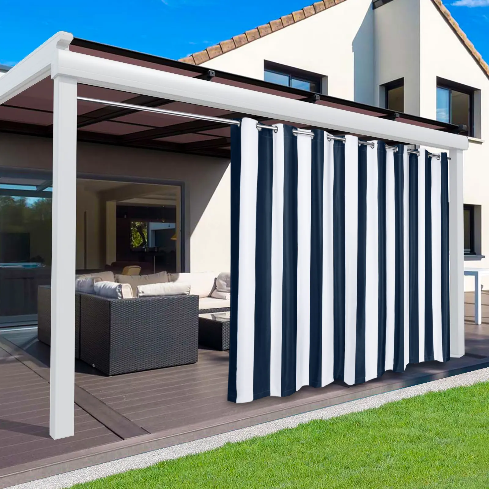 BTTO 100in Modern Flat Woven Cordless Blackout Patio Curtain - Multi-Size Eyelet Panel, Waterproof, Thermal-Insulated, Heat-Resistant Blue Stripes Drapes for Outdoor-Indoor Use, Blue Stripes Curtains, Blackout Curtain Curtains
