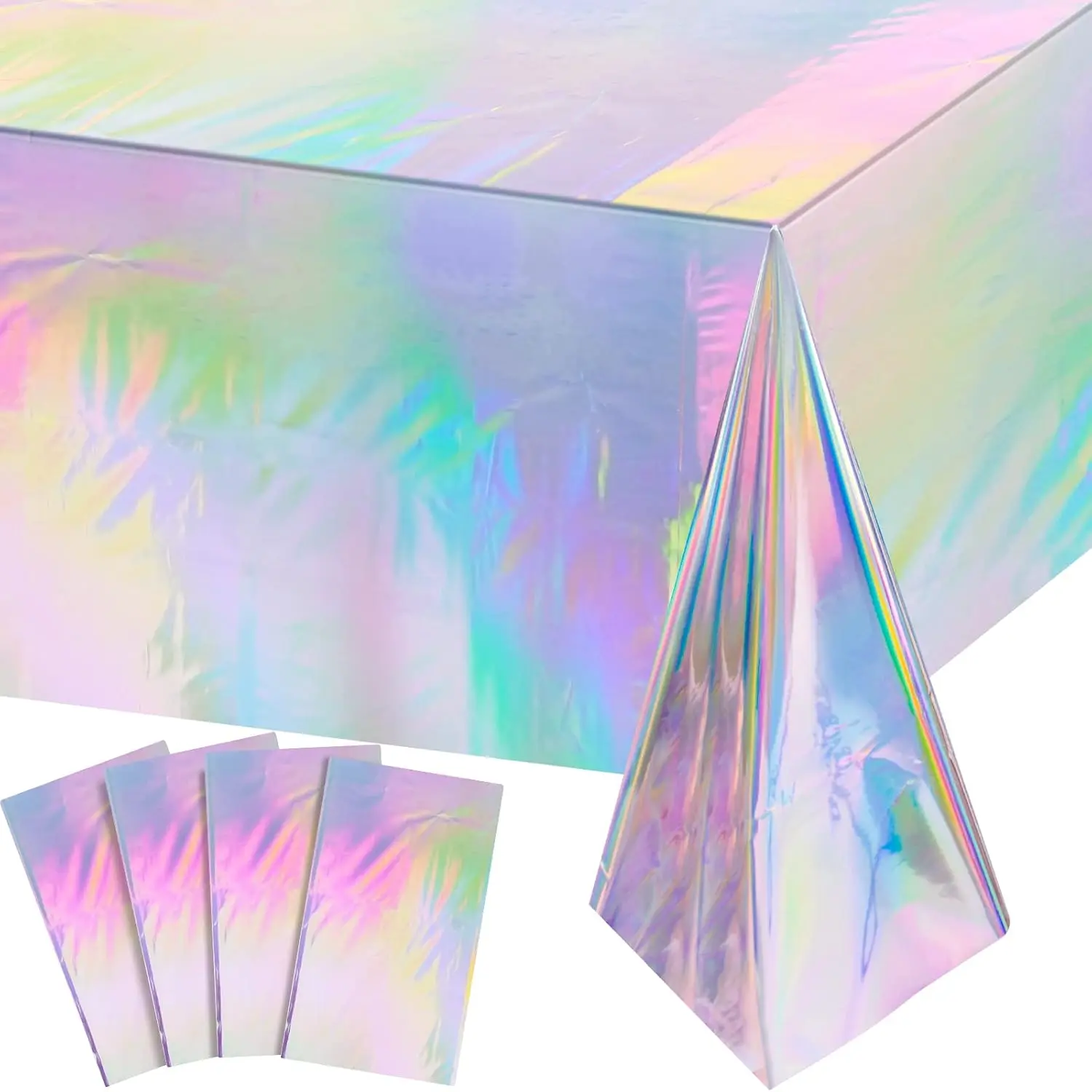 4 Pack Iridescent Plastic Tablecloths, Shiny Disposable Laser Rectangle Table Covers, Holographic Foil Tablecloth Iridescent Birthday Party Supplies Decorations