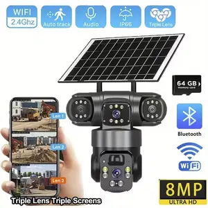Solar-powered Security Camera | 8000mAh Battery, Color Night Vision, Triple-lens 360° Panoramic View, PIR Human Detection, Loop Recording, 2.4G WiFi App For Remote Real-time Viewing | Suitable For Farms, Gardens, Warehouses