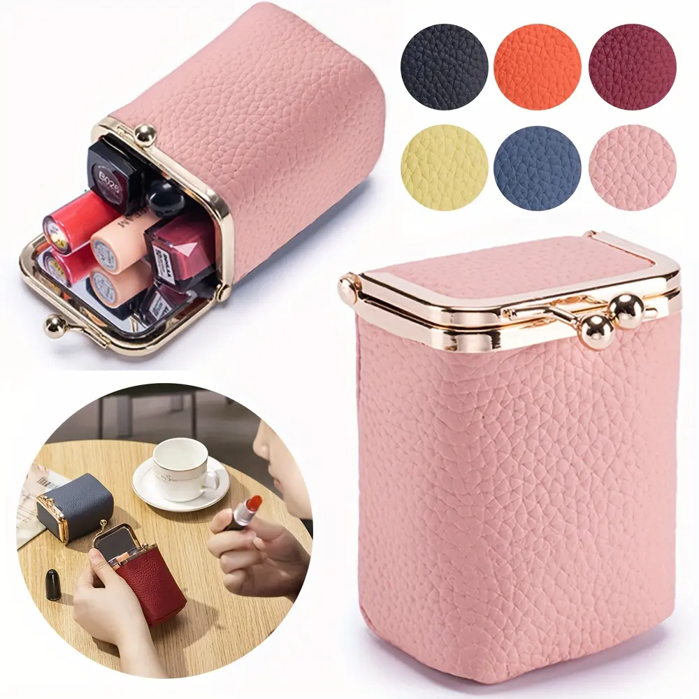 Women's Retro Chic Leather Lipstick Storage Bag - Compact Kiss Lock Makeup Pouch with Built-in Organizer, Lightweight Coin Purse, Black Travel Clutch Home Accessory Gift (Home Supplies Chic Storage Bags)