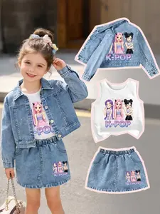 Three-Piece Denim Set for Young Girls Inspired by Korean Pop Band, Includes Jacket, Skirt, Sleeveless Top, Perfect Gift for Outdoor Activities, Casual Outfit Set