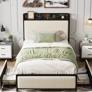 Garvee Twin Size Bed Frame with 2 Storage Drawers and USB Charging Station, Linen Upholstered Platform Bed, Heavy Duty, No Box Spring Needed, Easy Assembly, Noise Free, Beige