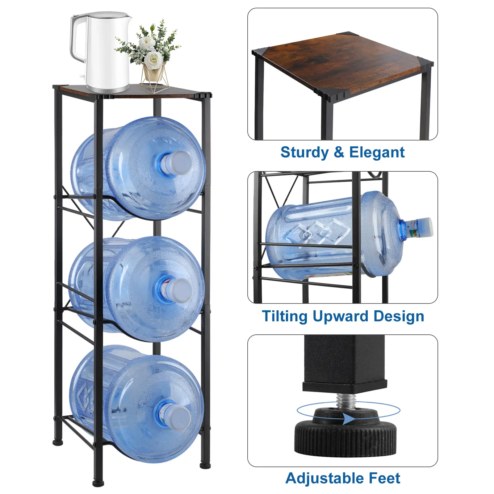 3-Tier Water Bottle Holder - Wood Top Metal Frame 5 Gal Jug Storage Stand, Black, Space-Saving, Easy Assembly, Adjustable Ft, Sturdy, Modern Kitchen Supplies, Homegoods, Apartment Accessories, 3-Layer Storage Utility Racks, Bottle Holder Utility Racks, Fl