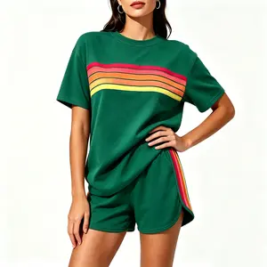 Women's 2-Piece Short-Sleeve Thick Printed Cotton Blend Set - Rainbow Gradient Stripe T-Shirt & Shorts, Soft Breathable Casual Vintage Chic Activewear for Pajamas, Beach Use | Spring Glowup