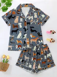 Women's Sleepwear Loungewear Set, Collared Short Sleeve Fitted Cardigan & Loose Elastic Shorts, Cartoon Animal Dog Full Print, All Seasons Comfortable Fit