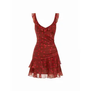 Cider Burgundy Cherry Print Ruffled Sleeveless Dress - Ruched Waist Tiered Ruffle Hem Party Dress