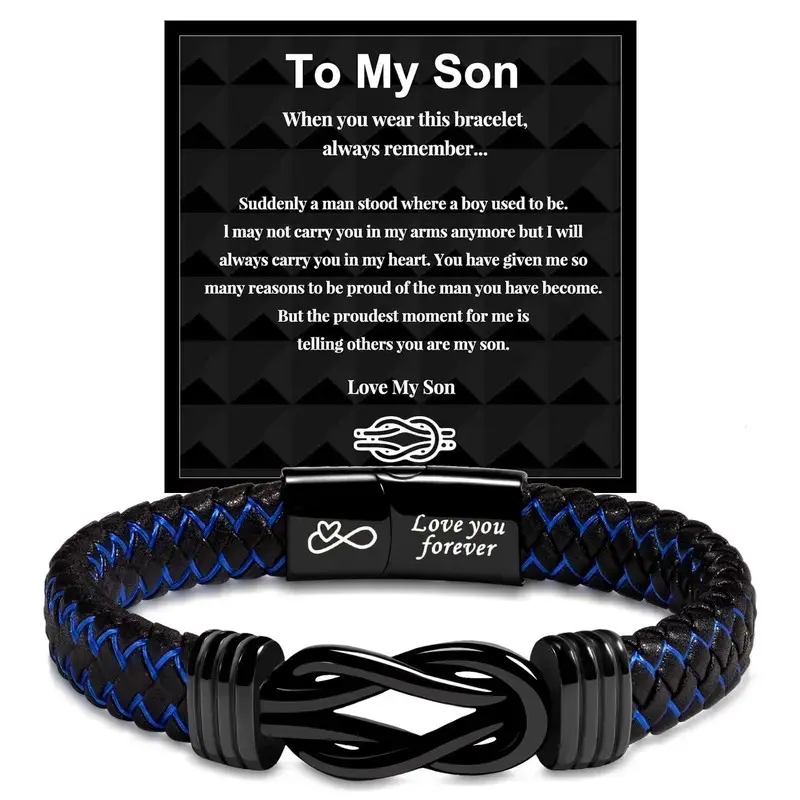 1PC Unique Leather Braided Bracelet for Son, Birthday Gifts for Son from Mom/Dad, Knotted Bracelet Jewelry for Son, Emotional Expression Love You Forever Bracelet for Daily Wear