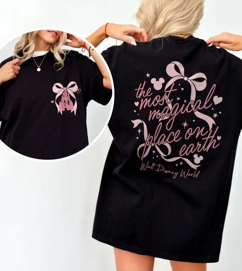 Vintage Castle Coquette Bow 2 Side Shirt, The Most Magical Place On Earth Tee, Magic Kingdom, Walt DisneyWorld Family Trip Shirt