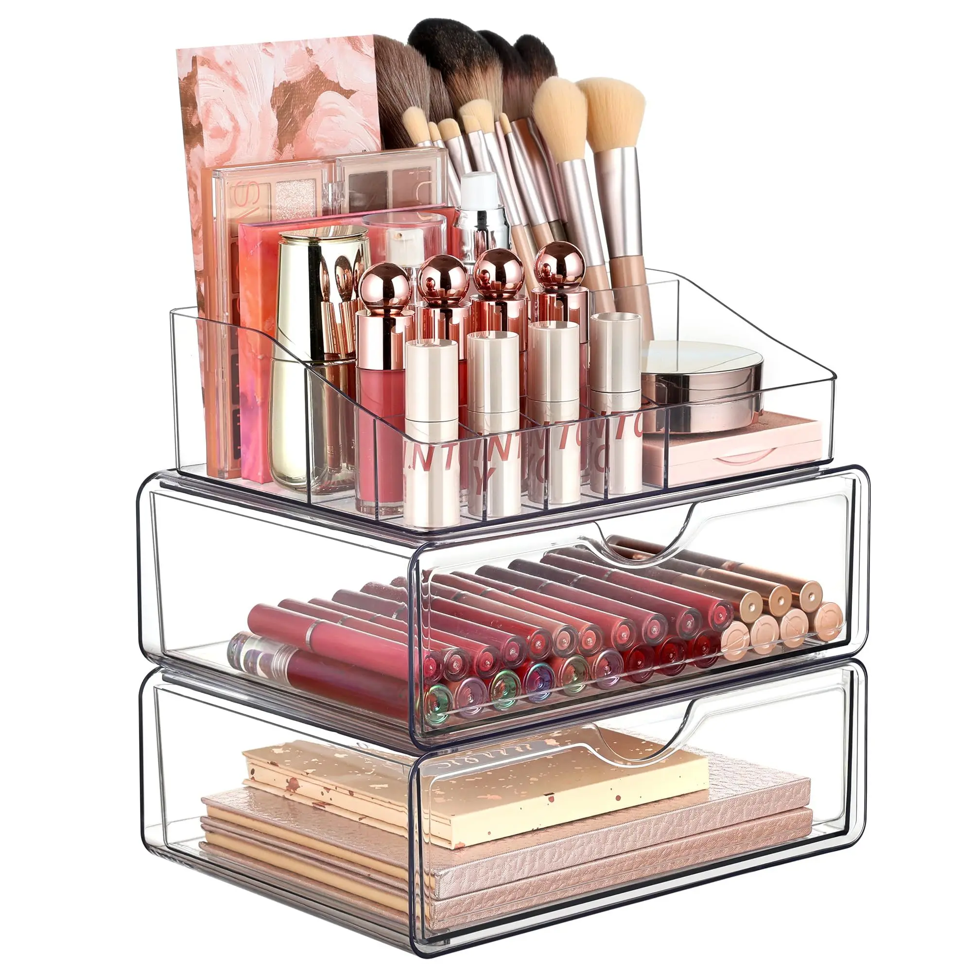 Professional 3-Tier Clear Cosmetic Organizer with 2 Large Drawers & Top Compartment for Makeup Brushes Lipsticks Skincare Products Ultimate Storage Solution