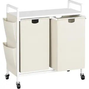 Laundry Hamper with Lid,Rolling Laundry Basket Organizer with Wheels, Iron-Made Laundry Sorter with Top Shelf and 2 Removable Bags,Large Clothes for Room,White