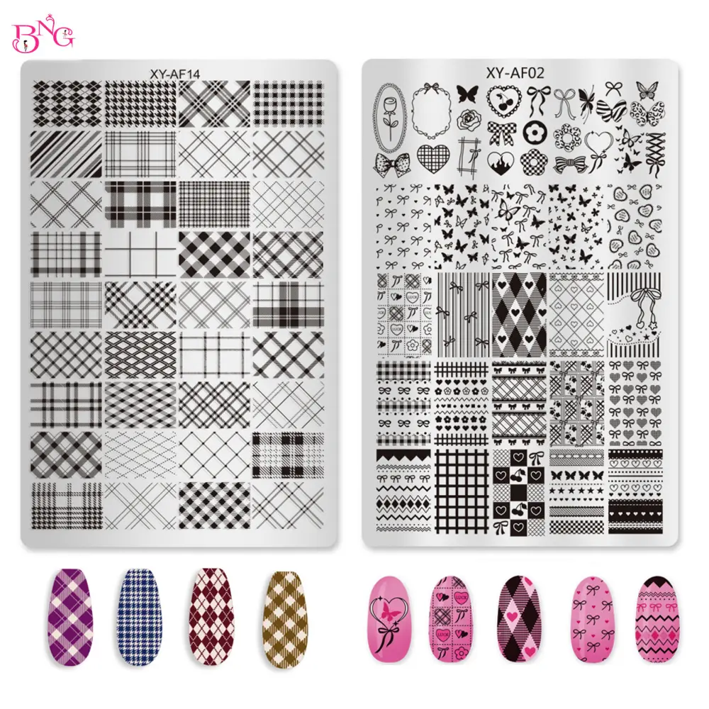 BNG Plaid Nail Stamping Plate Love  Animals Star Nail Printing Stencil Templates Nail Art Stamper Manicure Tools