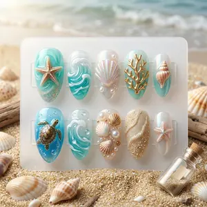 EG37- Ocean Treasure Press-On Nails, 3D Starfish Seashell & Sea Turtle Design, Aqua Wave Texture, Pearl Sand Detail, Mermaidcore Beach Vacation Handmade Holiday Nail Set, Handmade Nails, Gift for Her, Custom Nail