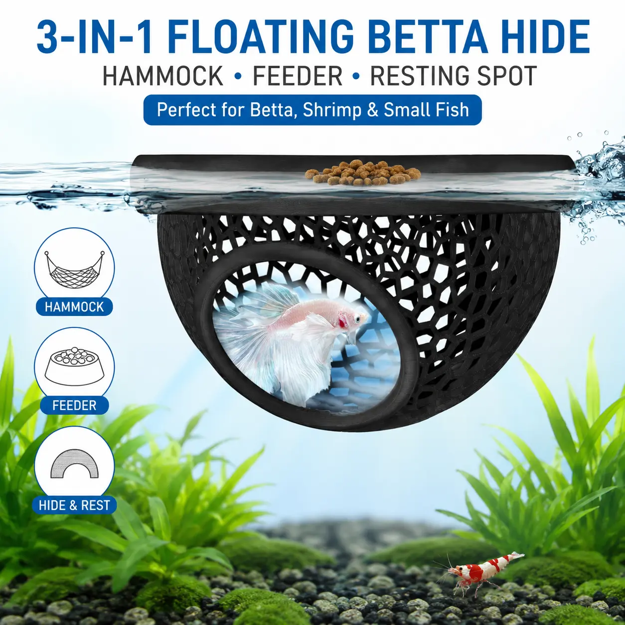 3D Printed Floating Betta Hide & Shrimp Cave Aquarium Decor - Compact Safe PLA Betta Habitat with Built-In Feeder, Hammock, Feeding Ring & Resting Spot for Small Aquatic Pets