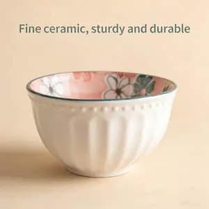 Pink Green Floral Ceramic Bowls Set, Vintage Embossed Rice Soup Cereal Bowls, Glazed Kitchen Dinnerware for Home Dining