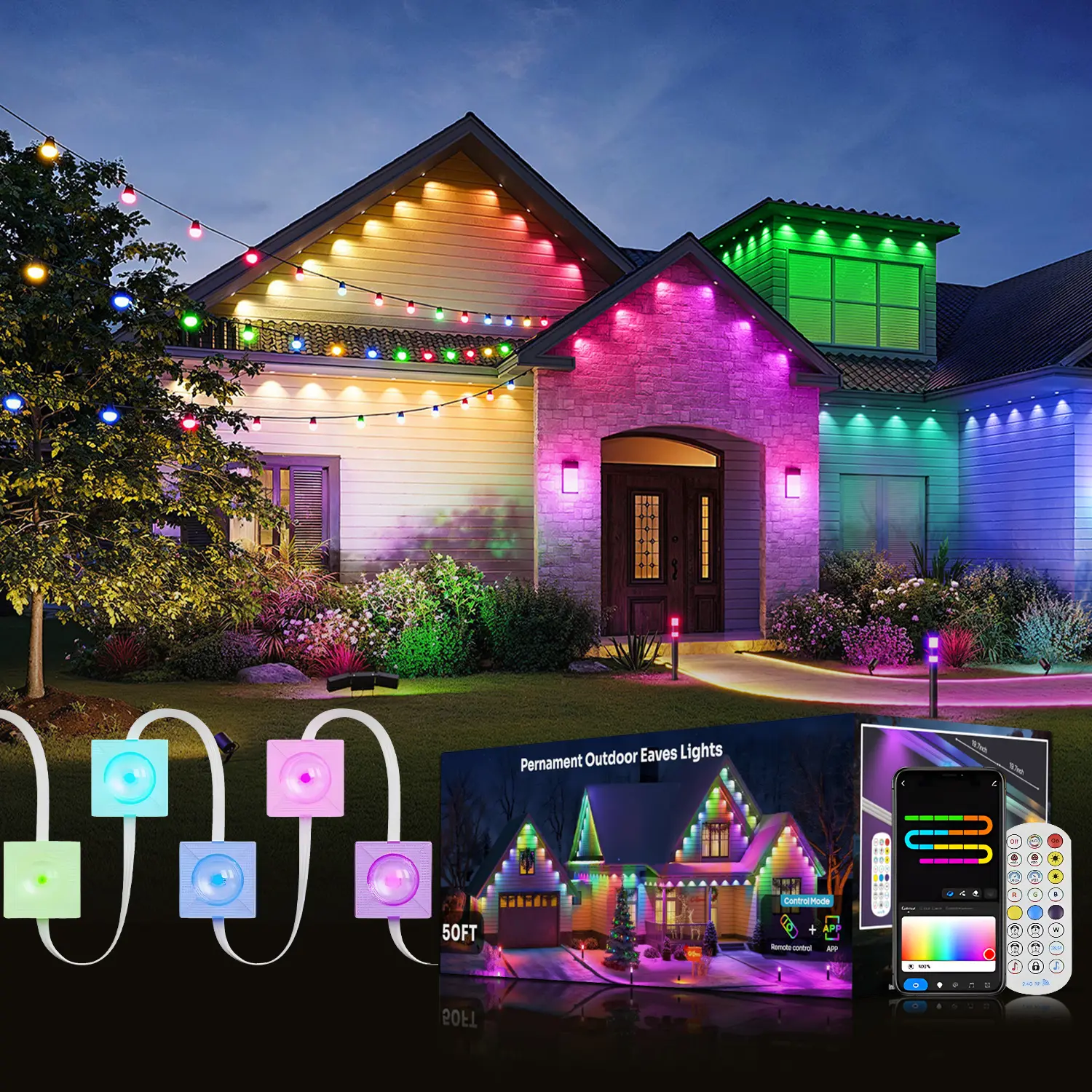 DEMILARE WiFi LED Strip Lights - IP68 Outdoor Proof RGB IC Smart Lights with Eave Mounting, App & Remote Control, Colorful Lights, Adjustable LEDs, Music Sync, Energy-Saving Timer, Home Decoration, Smart Led Light,SummerFinds,Summer Turn Up