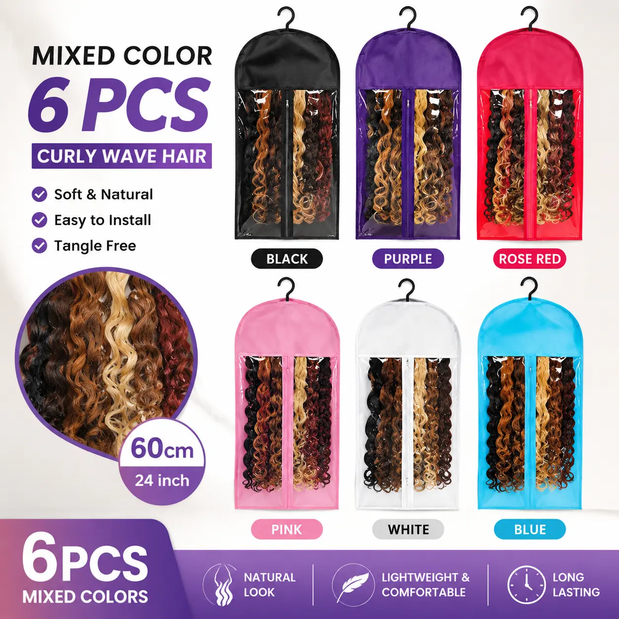 6 Pcs Wig  Storage Bag Set with Matching Hangers, Breathable Dustproof Design Covers in Assorted Colors for Hair Accessories & Wig Tools