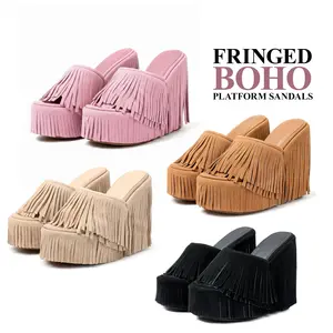CYNLLIO Womens Fringed Boho Cowboy Style Platform Sandals Open Round Toe Tassel High Heels Slip On Wedge Heeled Suede Slides for Outings Evening Party Spring Dress Sandals Shoes