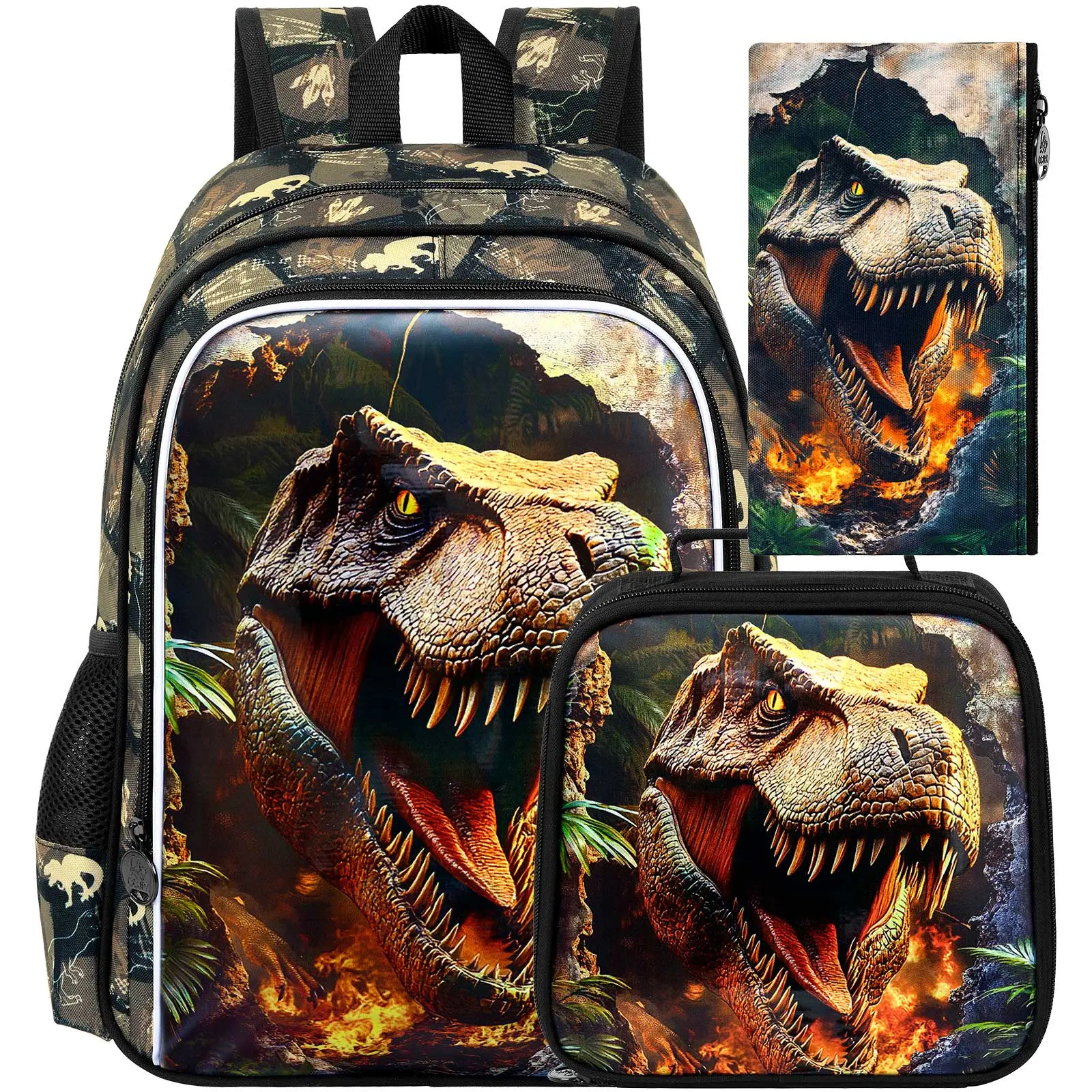 3PCS Dinosaur Kids Bookbag, Water Resistant Boys School Bag Set with Lunch Box, Cool Backpack for Elementary Preschool Toddler - Wall-Breaking T-Rex