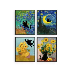 Cat wall painting art poster, Monet's painting, retro wall decoration, naughty Monet sunflower cat, suitable for wall decoration in rooms, bedrooms, living rooms, bathrooms