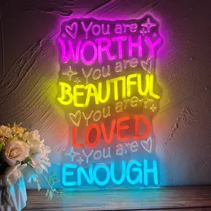 You Are Worthy Neon Sign Colorful Inspirational LED Wall Decor Acrylic Neon Light for Bedroom Living Room Office Gift for Women Teens 9.84 x 15.75 in Adjustable Rgb Lighting