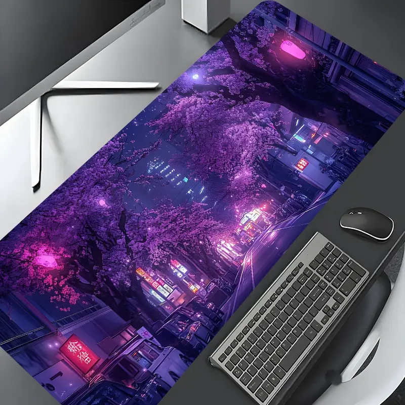 Cyberpunk Neon Cherry Blossom City Design Large Gaming Mouse Pad,Aesthetic Desktop Drotection Pad,Washable Rubber Pad Non-Slip Lock Edge Multi-Size Mouse Pad Suitable For Home Office,Good Gift for Family and Friends
