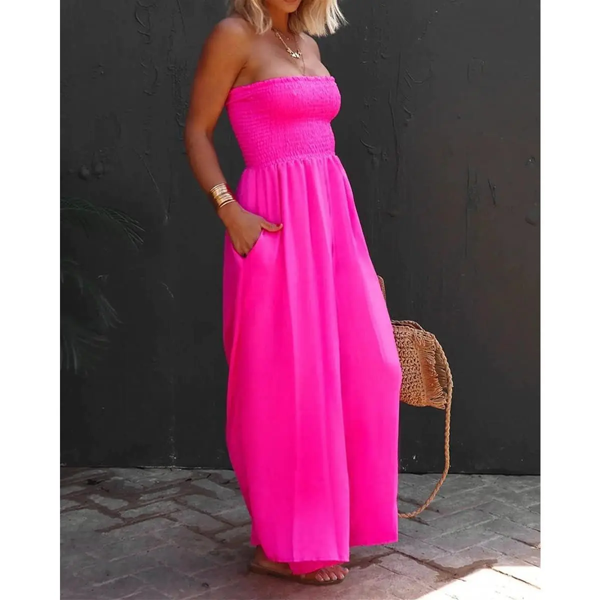 Women's Strapless Jumpsuit, Casual Sleeveless High Waist Overalls for Women, Smocked Wide Leg Pants with Pockets, Lady, Wedding, Loose Fit, Wide Legs