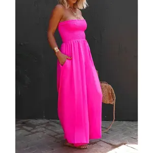Women's High-Waist Strapless Smocked Chiffon Overalls - Wide-Leg Loose Beach Outfits Summer Casual Jumpsuit with Pockets, Strapless Maxi Overalls, Women's Clothes (Black)
