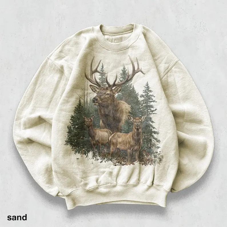 Classic Elk Family Sweatshirt, 90s Vintage Forest Wildlife Crewneck, Rustic Mountain Deer Scene, Hunter Lover Gift Idea