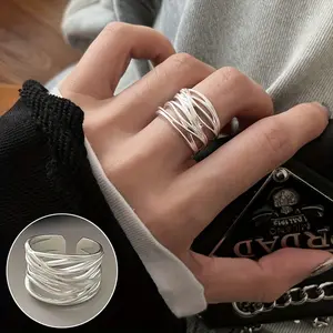 Adjustable Wide Band Ring Made of Copper And 925 silver plated Plating with an Open-Weave Design, Featuring a Multilayer Braided Texture, Perfect for Minimalist Statement Jewelry, Without Battery, For Teenager