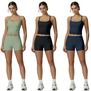 Women's 2-Piece Solid Color Yoga Workout Set, High-Waisted Above-the-Knee Biker Shorts & Sleeveless Cross-Back Sports Bra Tank Top, Polyamide Medium-Stretch Gym Workout Apparel for Casual Daily Wear & Exercise, Workout Sets For Women, Tank Tops,summerwins