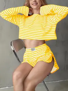Women's Striped Loungewear Set, Long Sleeve & Side-Split Shorts, Loose Fit Casual Home Wear, All-Season Comfortable