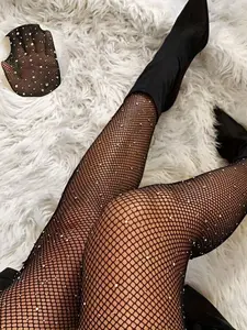 Women's Sexy Sparkling Rhinestone Fishnet Stockings, Fitted Plain Design, Casual Chic All Seasons Wear, Natural Waist Style