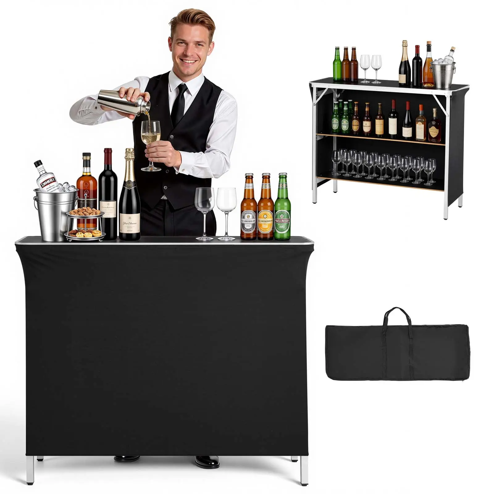 VEVOR Rectangular Folding Portable Bar Table - 43.3x15.2x34 in, Sturdy Legs, Carry Bag, 2 Storage Shelves, Detachable Skirt, Quick Setup, Mobile Bartending Station for Events, Tradeshows