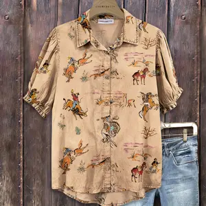 Cherrybetty Cotton Vintage Western Cowboy Print Collared Puff Sleeve Blouse for Women Casual Button-Up Vneck Top Apricot Shortsleeve Cute Fall Outfits for Teachers and Moms Fitted Denim cute fall outfits