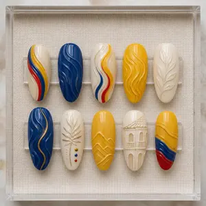 Orta Xing Handmade Colombia Flag Press On Nails | Blue Yellow Red Wave Design, 3D Relief Texture, Modern Minimalist Country Inspired Nail Art