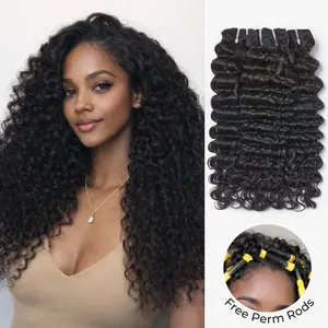 [Wequeen] Vacation Friendly Deep Wavy Hair Bundles with Free Perm Rods Flipover Quick Weave Sew in Brazilian Viral Human Hair Bundles Valentine Gifts