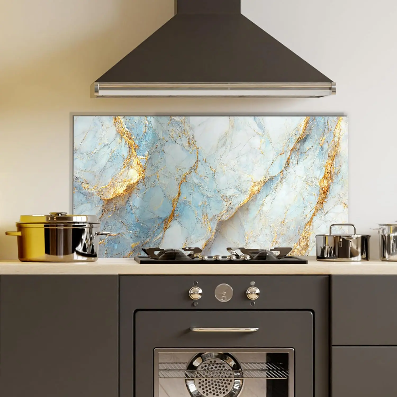 GCKG Abstract Marbe white and light blue surface Tempered Glass Kitchen Backsplash, Stove Back Cover, Stove Splashback, Cutting Board, Kitchen Wall Decor