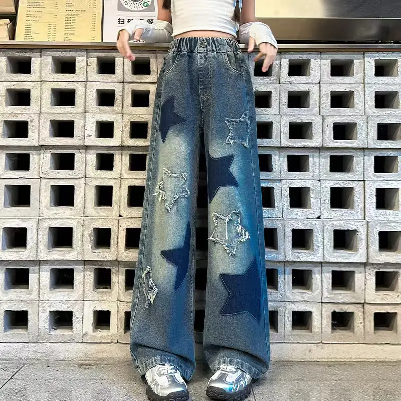 New #     springtok [School Ready] Girls' Y2K Star-Patterned Wide-Leg Jeans - Comfy Loose Fit Denim with Elastic Waistband, Versatile for All Seasons & Occasions, Ages 8-15, JU #