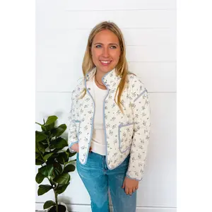 Sunny Horizon Quilted Floral Jacket - Ivory/Blue