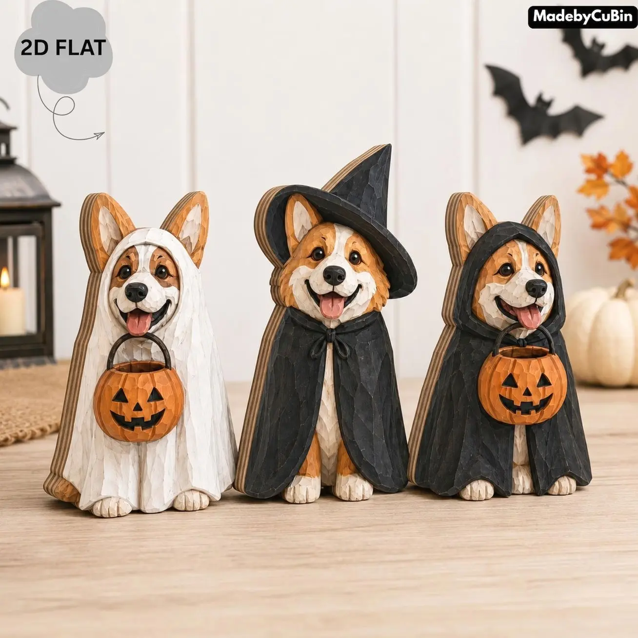 Ghost And Witch Corgi Wooden Block Decor, Halloween Dog Figurines, Spooky Fall Shelf Decor, Corgi Lover Gift