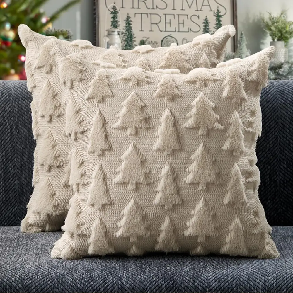 Christmas Tree Pillow Covers 18x18 inch Set of 2 Christmas Decoration Green Soft Plush Faux Fur Jacquard Throw Pillows for Bedroom Sofa Holiday Festivals Winter Home Decor