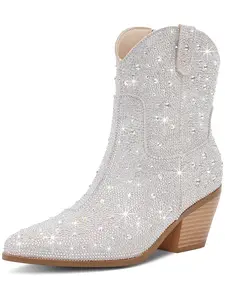 LOCERICH Cowgirl Ankle Boots for Women Western Booties with Rhinestone Chunky Heel Fashion Comfortable Side Zipper