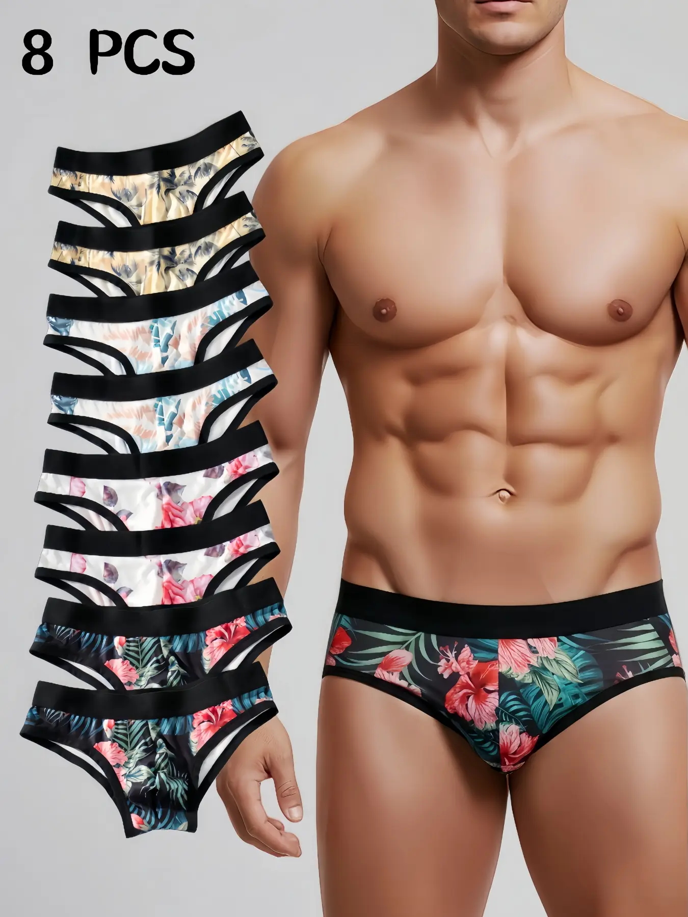 Trendy Men's Four Color 8 Piece Triangle Underwear Set, Unique Print Design, Novelty Print Briefs, Comfortable and Lightweight, Casual Style, All Seasons, Elastic Knit Underwear, Casual Fitted Briefs