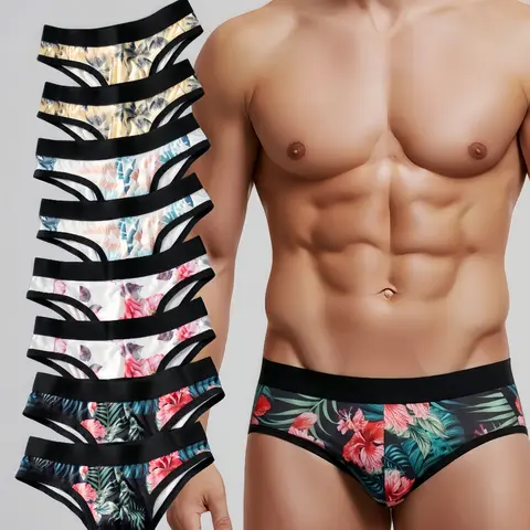 Trendy Men's Four Color 8 Piece Triangle Underwear Set, Unique Print Design, Fashionable Underwear Print, Novelty Print Briefs, Comfortable and Lightweight, Casual Style, All Seasons, Elastic Knit Underwear, Casual Fitted Briefs